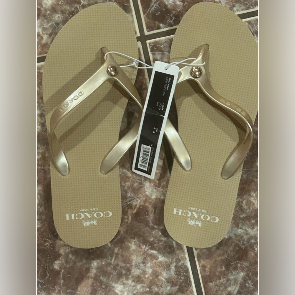 Authentic Coach NWT Gold and Tan Flip Flops